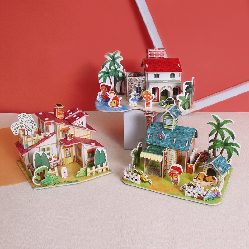 Mainan Puzzle Jigsaw 3D Bentuk Rumah Kastil Bahan Kertas Foam Untuk Edukasi Dini Anak