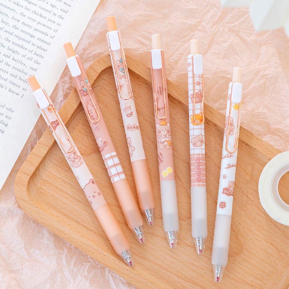 R-flower 6PCS/Set Gel Pulpen Kreatif Alat Tulis Sekolah Kantor Dengan Klip Alat Tulis Tinta Hitam Pola Beruang Signature Pen