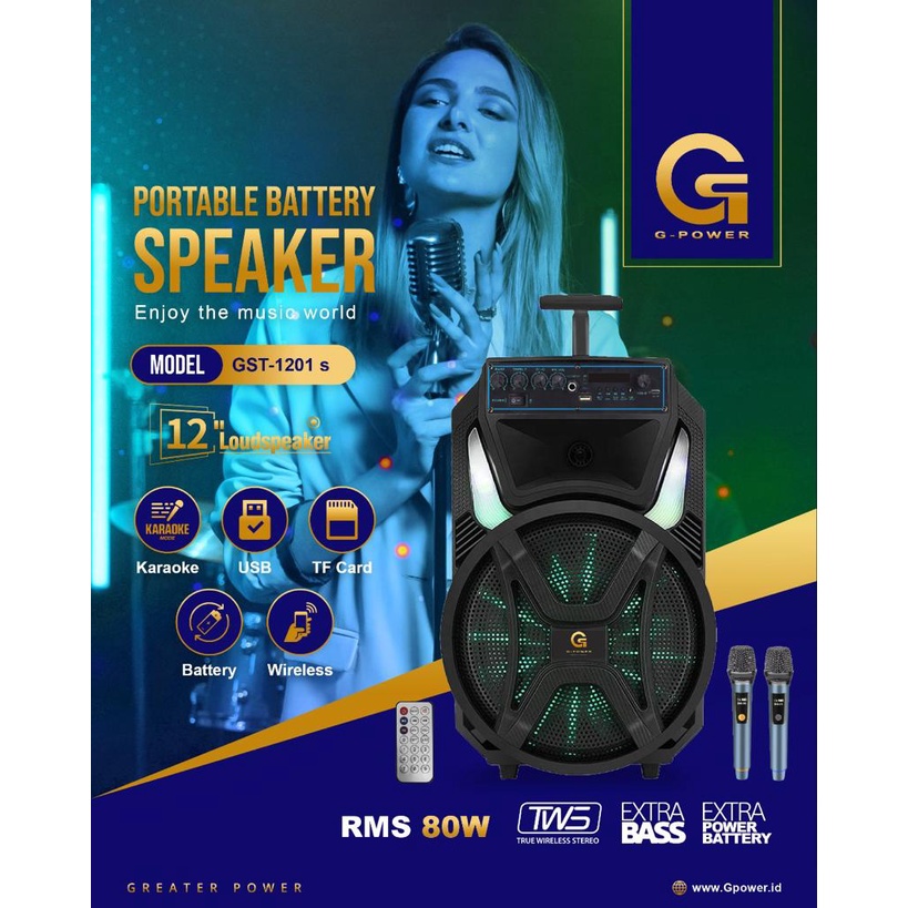 G-Power Speaker Portable Bluetooth GST 1201s Free 2 Microphone Wireless Garansi Resmi