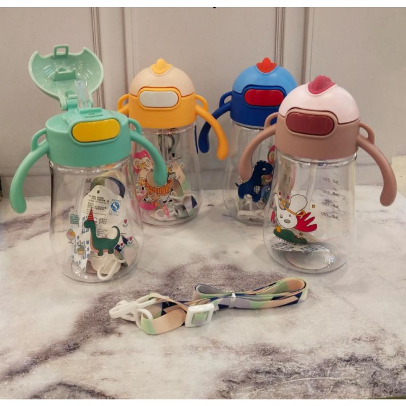 2669 Botol minum karakter anak-anak+sedotan dan gagang pegangan 400ml