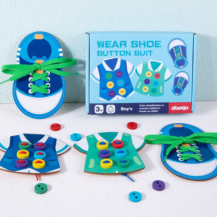 Duoqu Wear Shoe Button Suit SET | Mainan Menjahit Kancing Baju Mengikat Tali Sepatu | Montessori Lacing Threading Sewing Toy | Mainan Edukatif Edukasi Anak Motorik Halus | Hand Eye Coordination / Koordinasi Mata dan Tangan