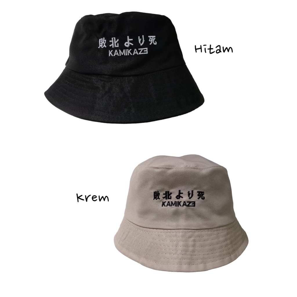 Bucket Hat Bordir Kamikaze Unisex Bahan Cotton Drill Kualitas Premium