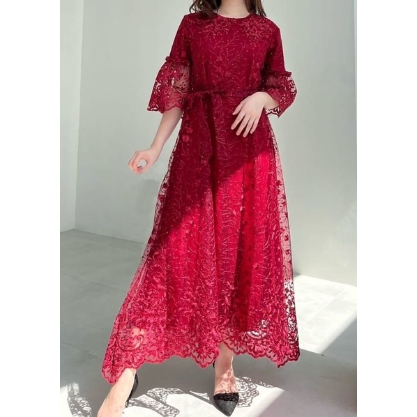 DRESS KRISTINE FASHION PAKAIAN WANITA DRESS GAUN BRUKAT LAPIS FURING KR