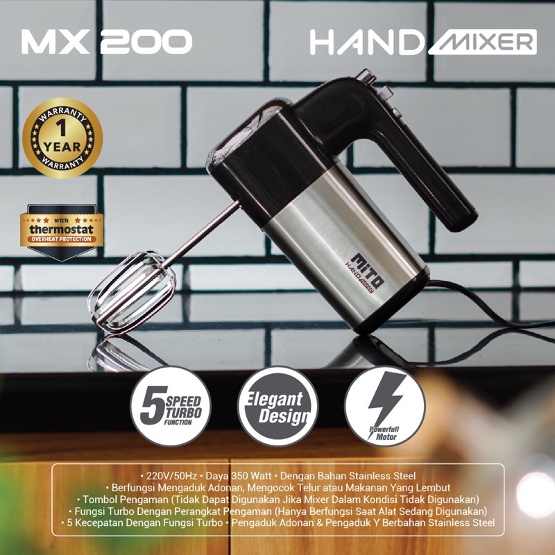 Jual [NEW] MITO Hand Mixer MX200 Pengaduk Adonan Kue 5 Kecepatan Turbo