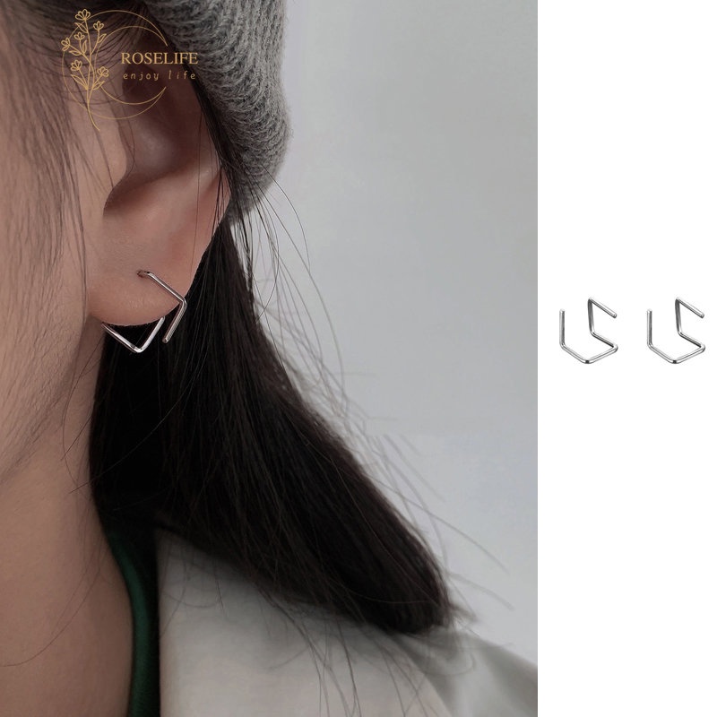 Roselife Anting Tusuk Gantung Wanita Bahan Sterling Silver 925 Desain Geometri 3D Gaya Korea Untuk Hadiah