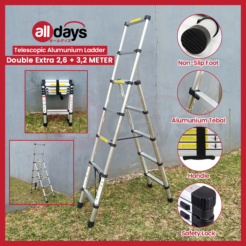 Alldays Tangga Lipat Teleskopik DOUBLE EXTRA 2,6 + 3,2 METER / Telescopic Alumunium Ladder Bahan Kuat, Praktis, Simple