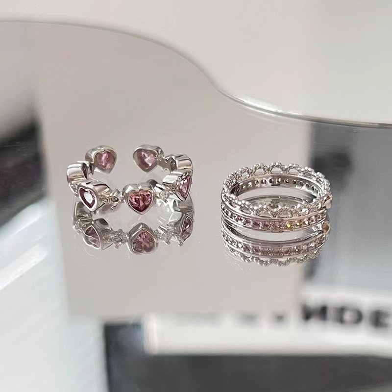 Cincin Model Terbuka Desain Geometris Hati Aksen Berlian Imitasi Gaya Jepang Korea Selatan