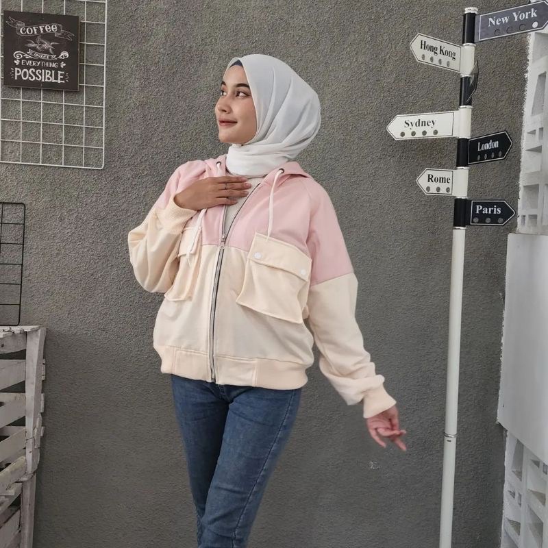 Sweater wanita TWO TONE JACKET sweater polos wanita hoodie wanita sweater wanita kekinian