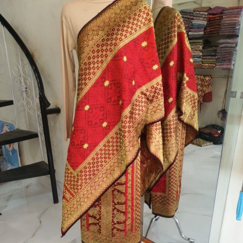 Jual songket bunga cina merah pengantin / songket palembang asli tenun