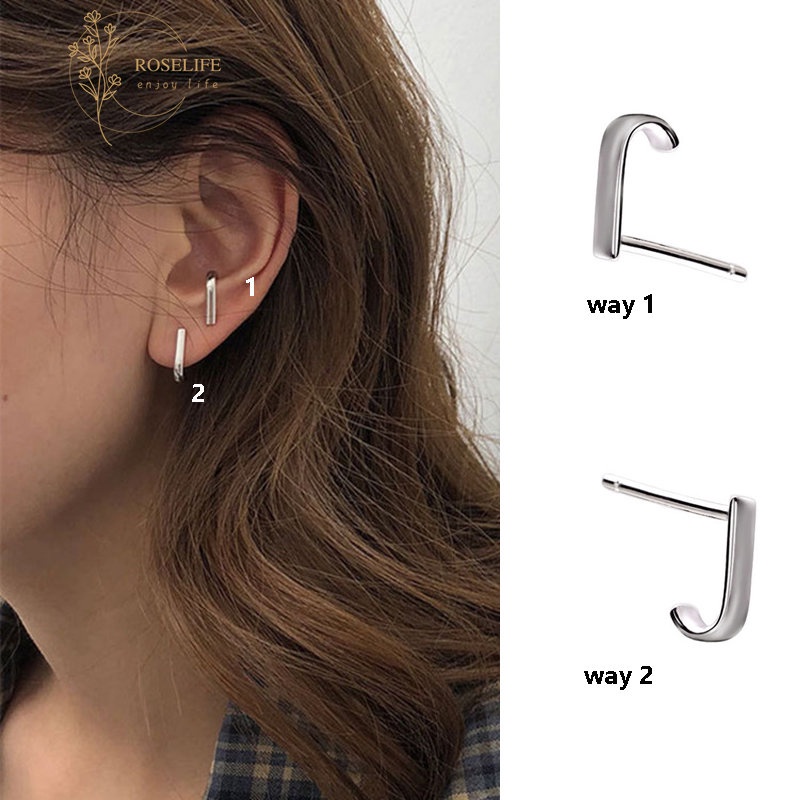 Roselife 1 Pasang Anting Tusuk Bentuk J 2 Arah Warna Silver Untuk Wanita