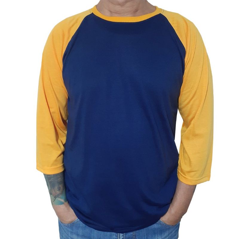 kaos raglan pria wanita 3/4 - biru Dongker tangan kunyit
