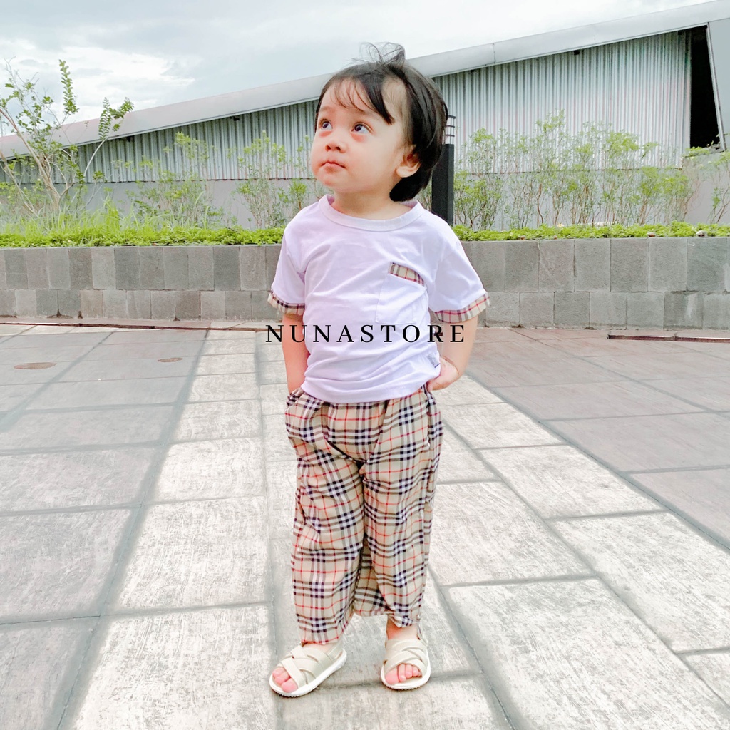 Nuna Store Setelan Kaos bayi dan anak cowo/laki-laki usia 0 Bulan - 3 tahun Motif Kaos Kantong Burberry