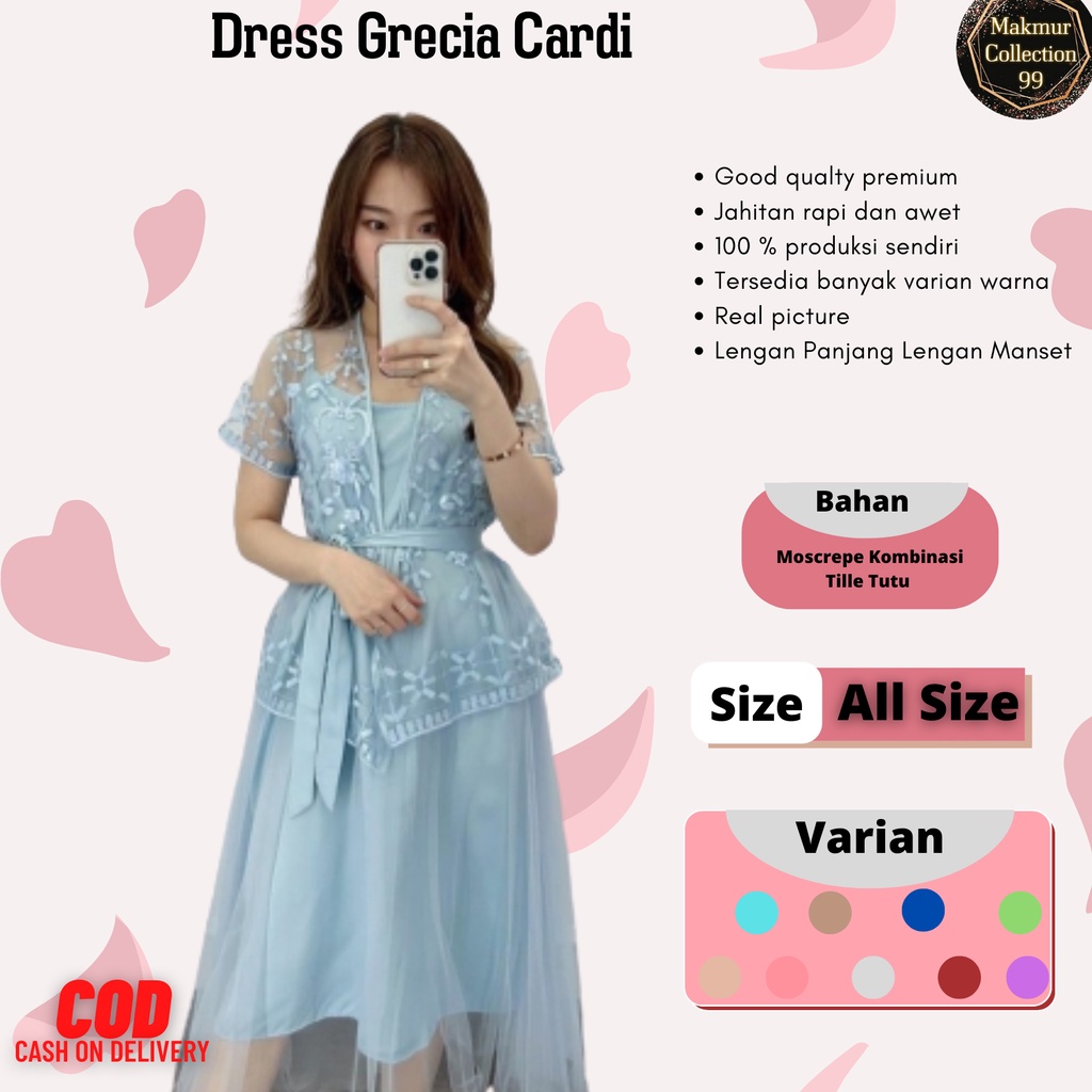 Dress Wanita Casual Brokat Tille Mutiara Terbaru/Dress Grecia Cardi Size L Matt Tille Mutiara Mix Moscrepe/Gaun Kasual Wanita/Dress Gricia Cardi 2in1/Good Quality