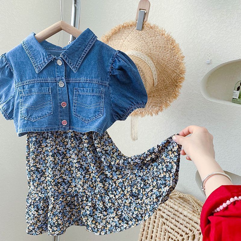 CHUBBI 64 Dress Anak Perempuan Fashion Korea Bunga + Rompi Jeans