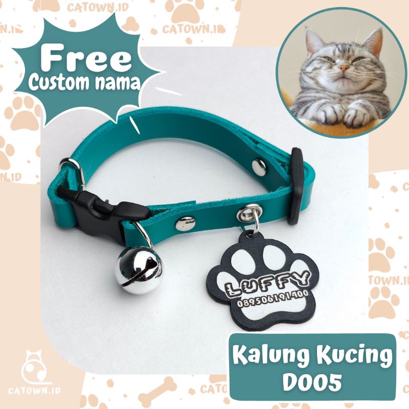 D005-Kalung Kucing Custom Gratis Cetak Ukir Nama Anabul Tulisan No Hp Aksesoris Kucing Cat Collar Custom Lucu Tulis Identitas Pemilik Alamat Nomor HP Anti Hilang Bentuk Paw Kucing catown.id