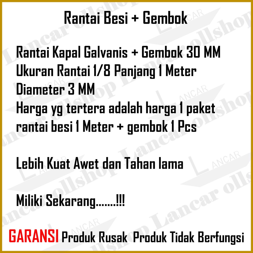 Gembok Rantai 100 Cm Kunci Pengaman Motor Sepeda Pagar Rumah Besi 1/8&quot;  3 MM Galvanis / 1 Paket Gembok 30 MM