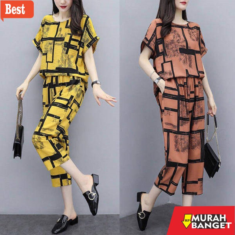 baju setelan wanita kekinian 2022 Baju Kaos Dan Celana M-4XL Setelan Wanita Katun Linen Blus Sablon 