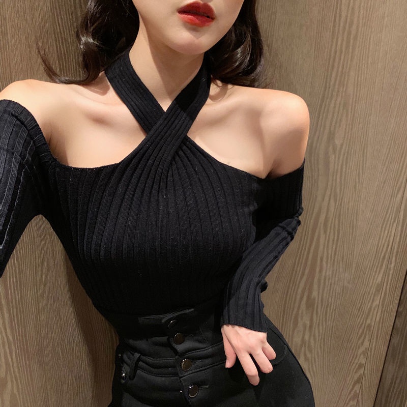 Satu kata off-the-shoulder cross-halter neck sweater top wanita musim semi dan musim gugur pendek ketat seksi bagian dalam bottoming sweater wanita