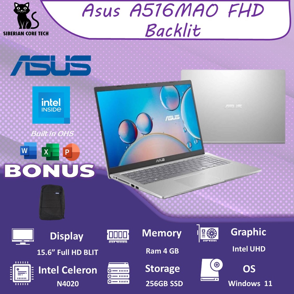 ASUS VIVOBOOK A416MAO N4020 8GB 256SSD W11+OHS 14.0FHD BLIT GARANSI 2 TAHUN