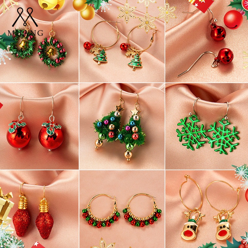 Anting Liontin Bel Santa Claus Snowman Pohon Natal Warna Hijau Merah Untuk Hadiah Perhiasan Wanita