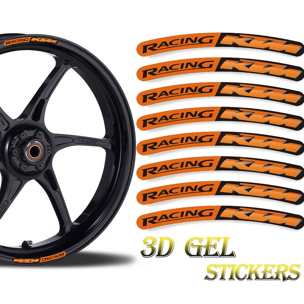 1set / 8pcs Cocok untuk Ban 14-19 inci KTM Redbull Reflektif Motorcycle Wheel Hub 3D Gel Soft Glue Stiker Dekoratif Motocross Waterproof Rim Personalized Modified Decals