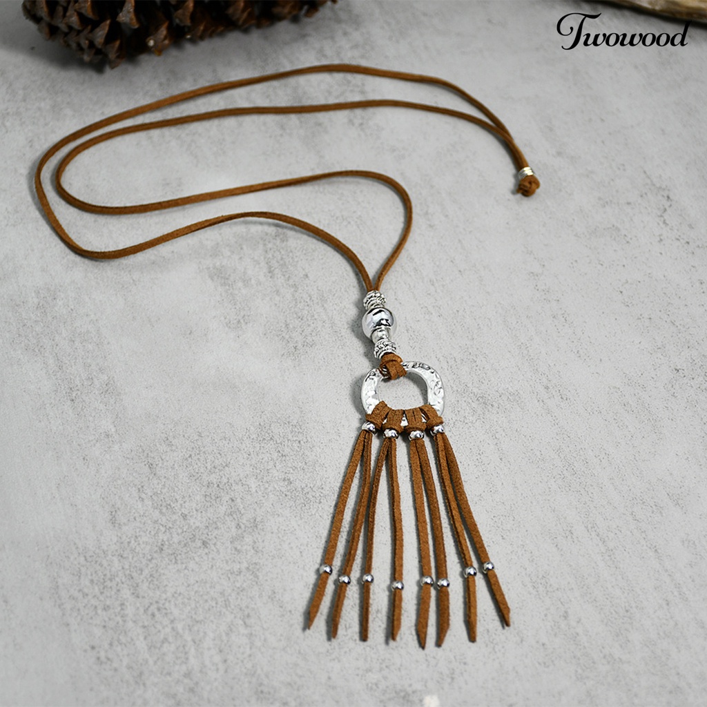 Kalung Choker Panjang Bahan Kulit Imitasi Model Rumbai Gaya Bohemian Untuk Wanita