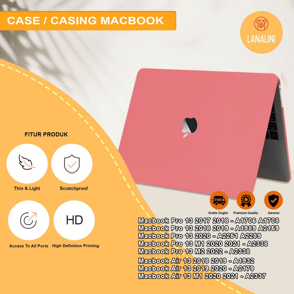 Case Casing Protective Hardcase Hard Case Aksesoris Pelindung Laptop Macbook Air Pro 13 M1 M2 2017 2018 2019 2020 2021 A1932 A2179 A2337 A1706 A1708 A1989 A2159 A2251 A2289 A2338 Polos Warna Pastel Soft Pink Peach Motif Logo Lubang Terbuka Murah Premium