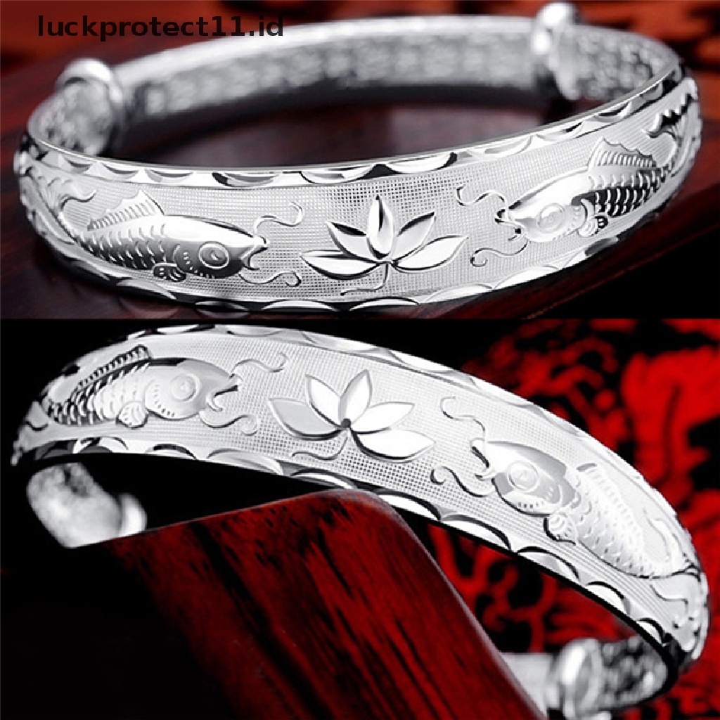 Gelang Bangle Adjustable Desain Ikan Dan Bunga Lotus Warna Silver Untuk Wanita