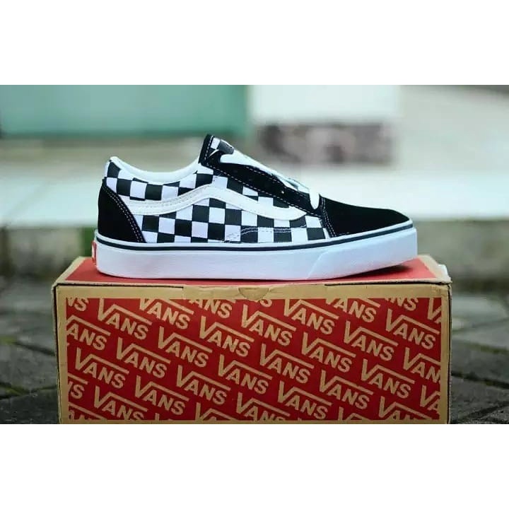 Vans Oldskool Checkerboard Motif catur kotak hitam putih Sekolah Kerja Kuliah Kado Hadiah Black White