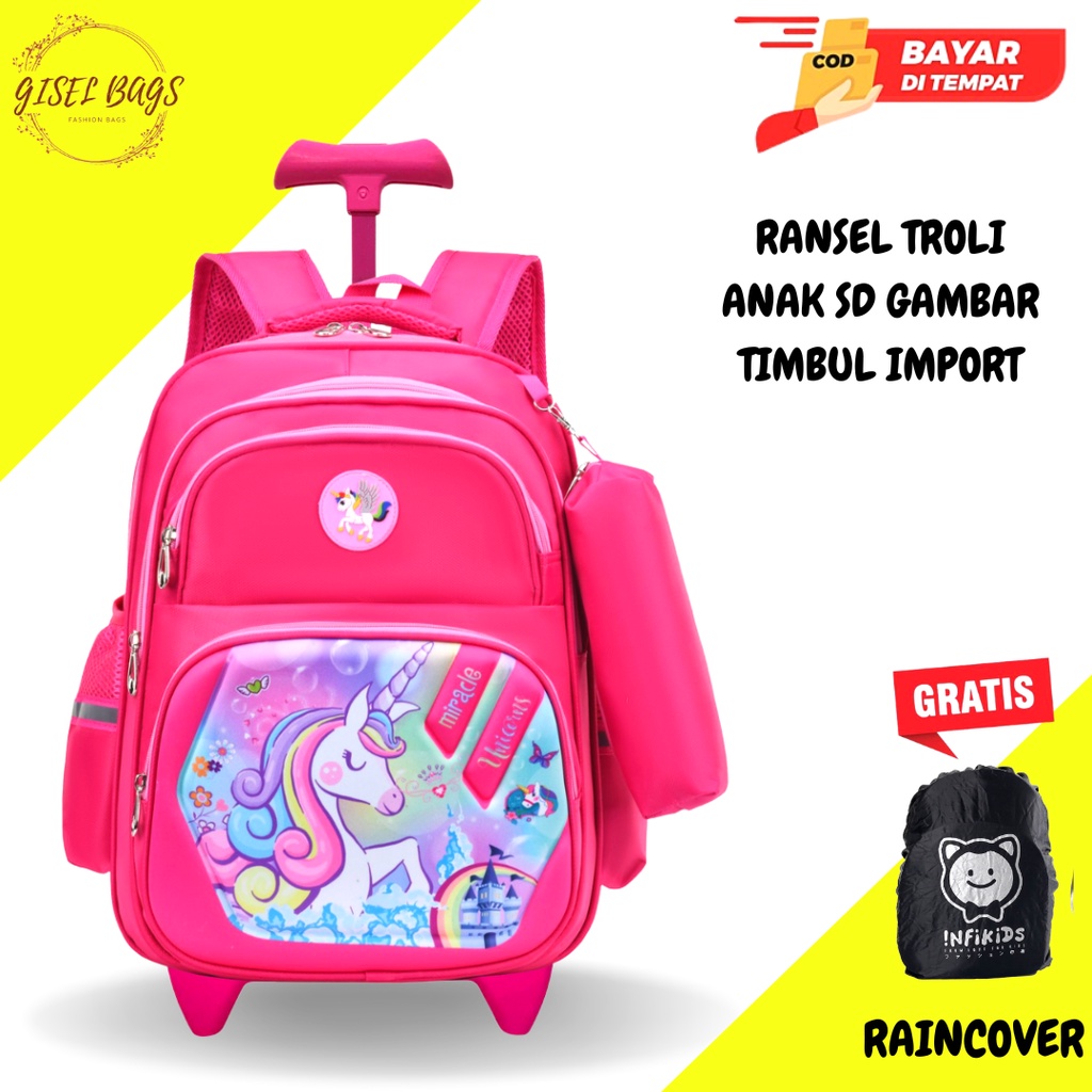 Tas troli anak perempuan sekolah sdimport gambar timbul karakter lucu waterproof