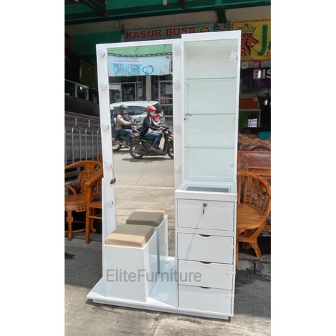 Meja Rias Lampu / Meja Rias Kaca Panjang , Meja Rias Full Kaca Putih Multriplek