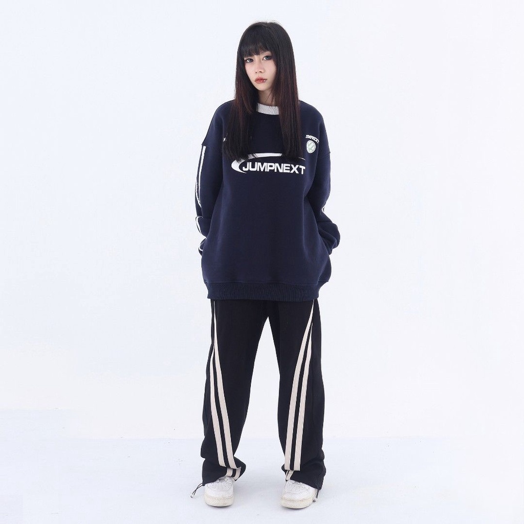 JUMPNEXT Guochao brand American retro sports style letter printing round neck plus sweater pullover pasangan beludru longgar