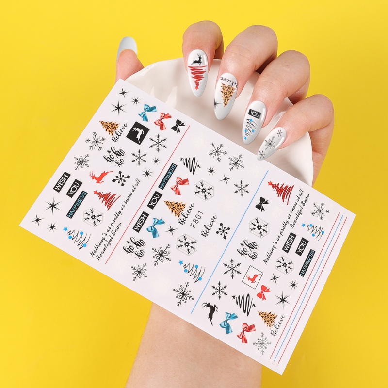 Stiker Kuku 3D Motif Rusa / Daun / Snowflake / Santa Claus Untuk Nail Art
