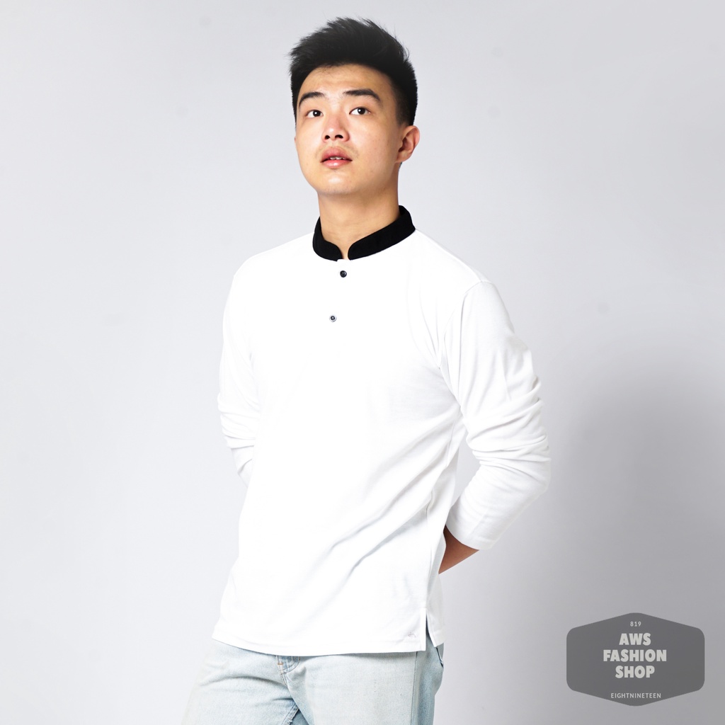 819 Kaos Polo Pria Polo Shirt Pria Kerah Shanghai Lengan Panjang Warna Putih Kancing Hitam Casual Tersedia Ready Sampai Size JUMBO BIG SIZE XXL XXXL