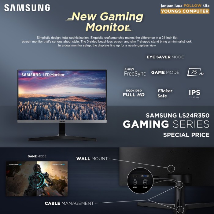 Monitor Led Samsung 24" S24R350 75Hz Ips Fhd Freesync (Ls24R350Fhe) #Original