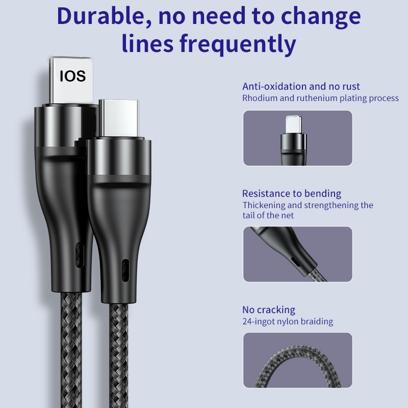 Kabel Data / Charger USB Tipe C 20W PD Ke L 3A C-L Bahan Aluminum Alloy Panjang 1M / 2M