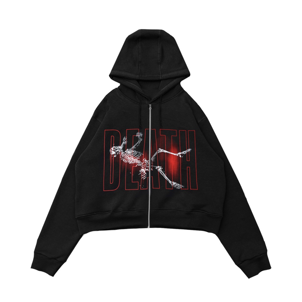 CROP ZIP HOODIE OVERSIZE UNFINISHED | DEATH ALIVE | BLACK | YIKESALLDAY