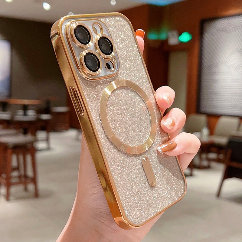 IPHONE Glitter Plating Magsafe Wireless Charging Case Kompatibel Untuk Iphone14 13 12 11 Pro Max 14Plus Casing Mewah Dengan Penutup Perlindungan Film Lensa