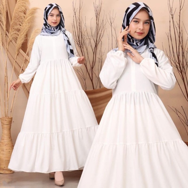 Gamis Syari Twill Polos Terbaru Rayon Kandel Super Premium Gamis Jumbo Busui Lengan Panjang Kerut Murah | Baju Muslim Wanita Kekinian 2022-Putih