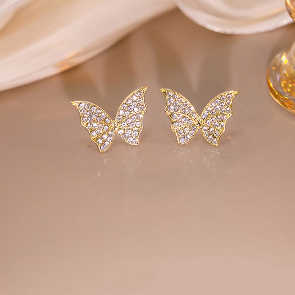 Anting Stud Kristal Bentuk Kupu-Kupu Warna Emas Silver Untuk Wanita