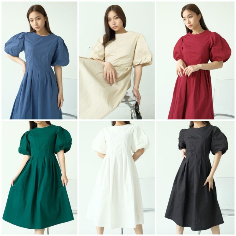 ❣️ SPECIAL PRICE ♡ PREMIUM ♡ ORIGINAL ! VALERRINE VINTAGE PLAIN PUFF PLUFFY BALOON SLEEVE MIDI  DRESS