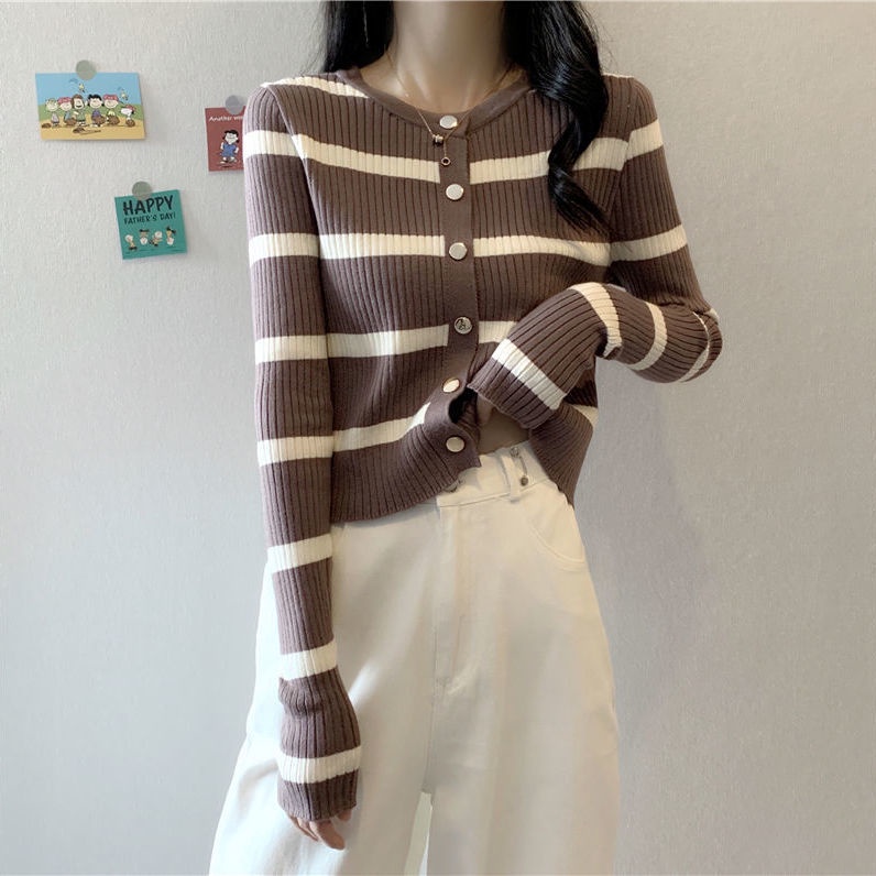 Outer Rajut Cardigan Kancing Wanita Stripe Knit Top Lengan Panjang