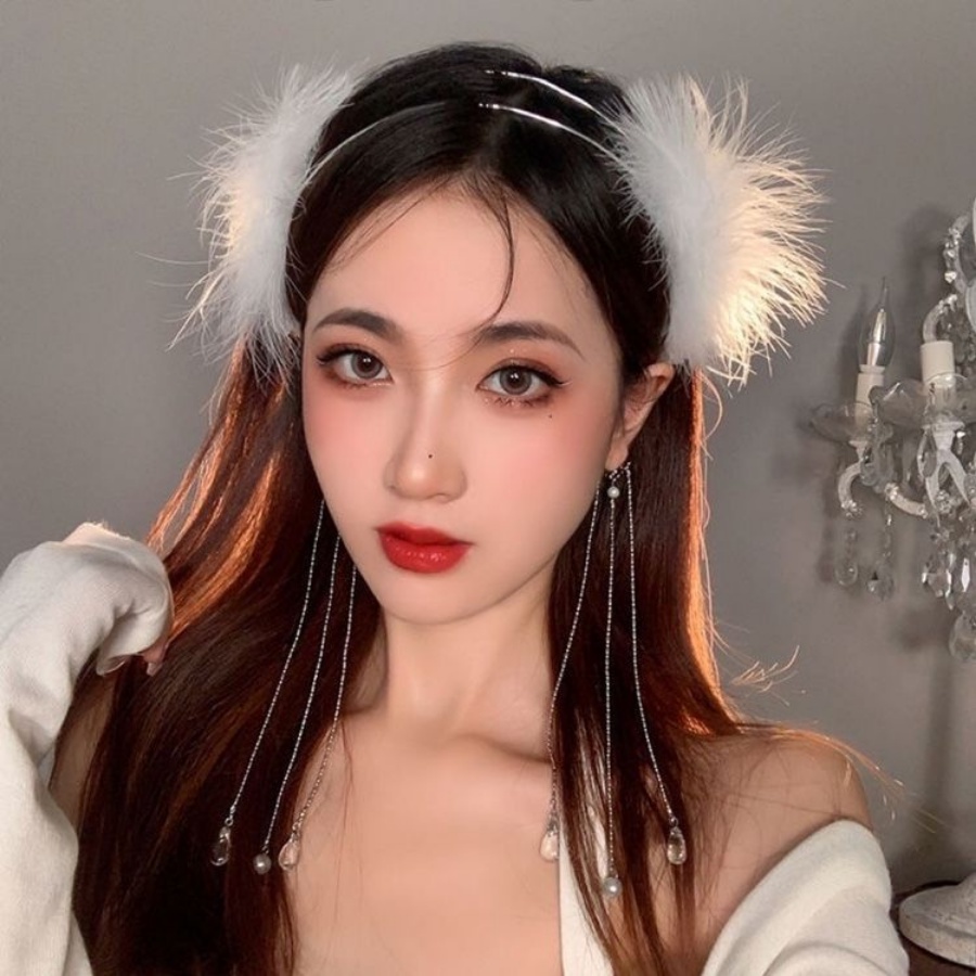 Korea Putih Bulu Rumbai Bando Gadis Manis Logam Ganda Manik Rantai Hair Band Woman Aksesoris Rambut