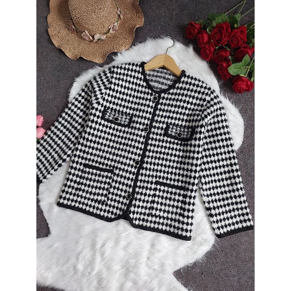 VN VICTORIA FUR CARDIGAN HOUNDSTOOTH KOREAN WINTER