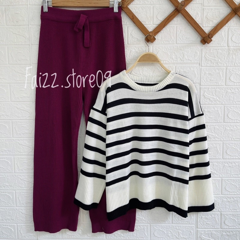 ONESET SWEATER LESTY STIPE SELAN CELANA KULOT WANITA