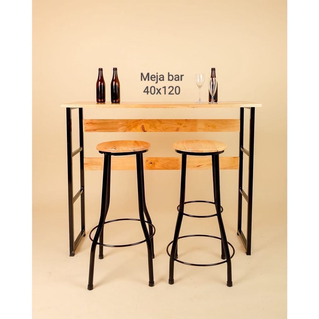Meja Bar Kayu Kaki Besi Uk 120cm - Kursi Bar Cafe Kayu - Table Bar Minimalis - Medan