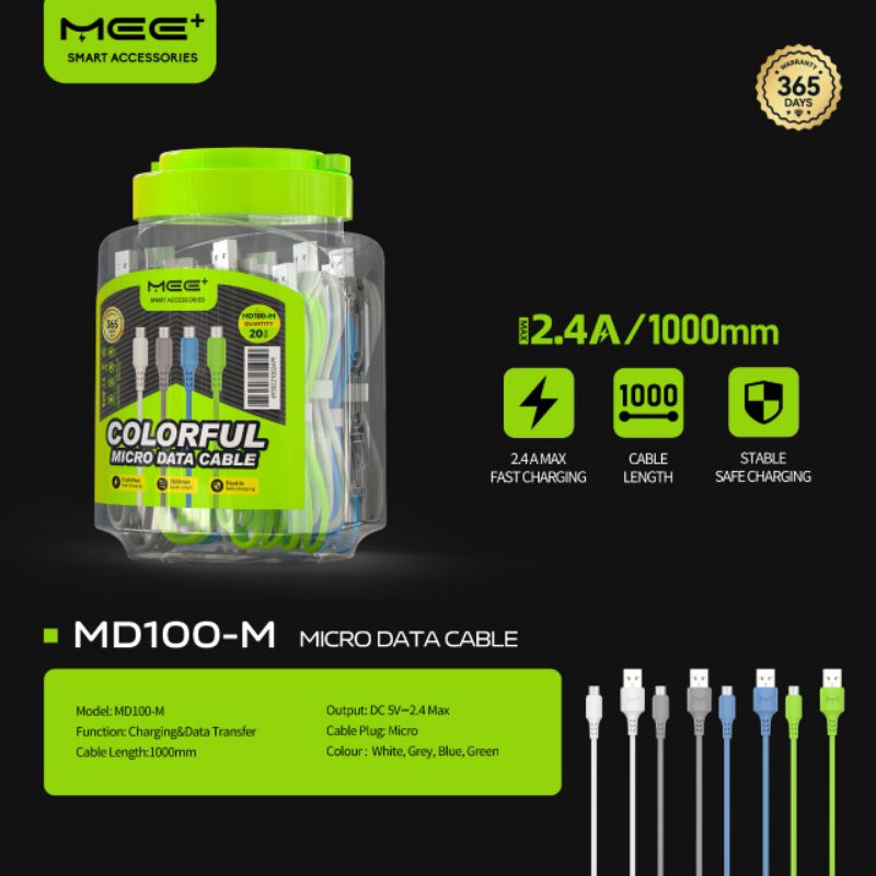 MEE+ Kabel Data  MD100-M Micro / MD100-C Type-C ( Eceran/Perpcs ) Data Cable 3A Fast Charging Origin