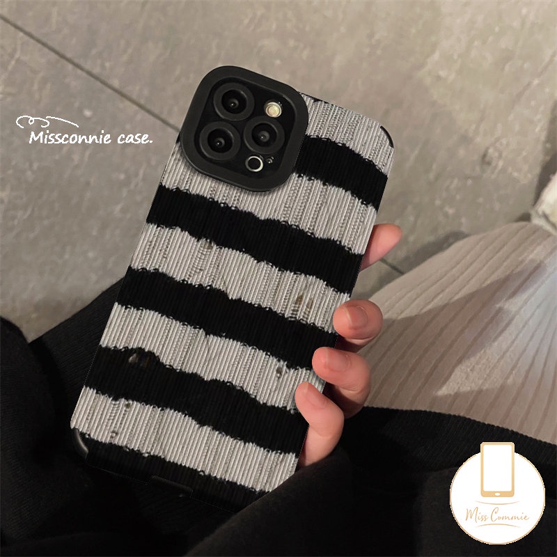 Soft Case Silikon Tekstur Kulit Garis Hitam Putih Tahan Banting Untuk iPhone 7Plus 8Plus 11 14 13 12 Pro Max XR X XS Max 7 8 Plus