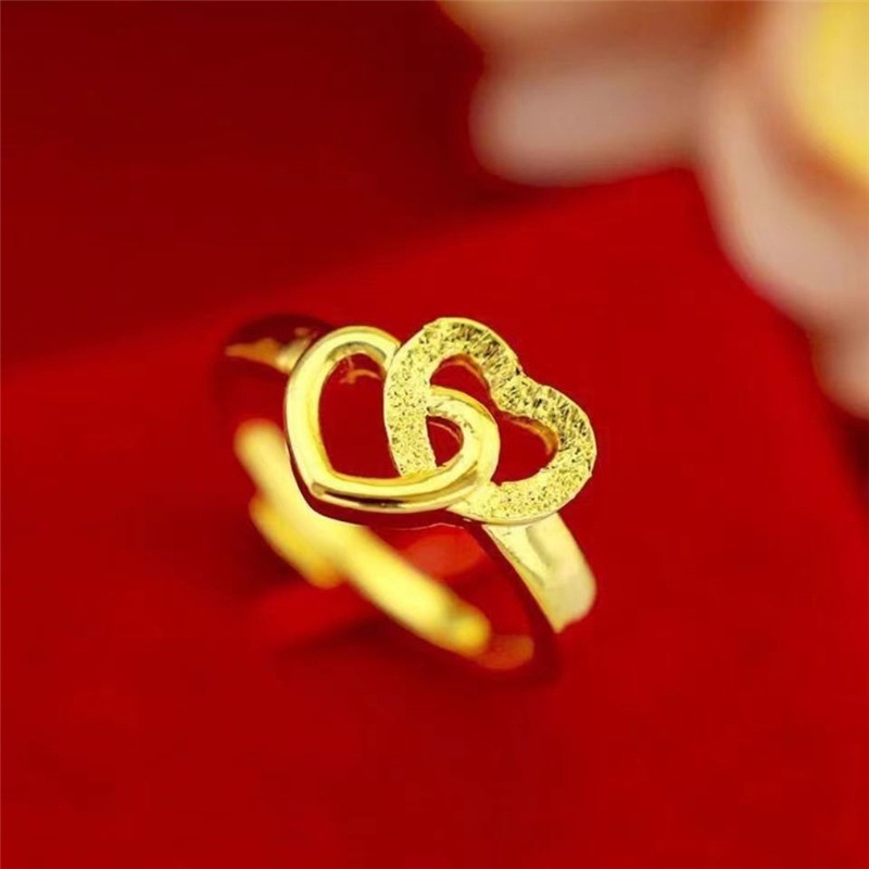 Cincin Model Terbuka Adjustable Desain Hati Ganda Warna Emas Gaya Elegan Untuk Wanita