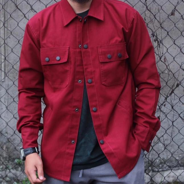 Jaket semi parka pria hijau army kemeja semi parka polos casual - maroon, M